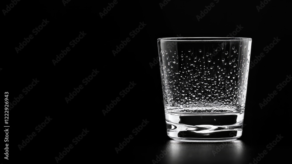 Poster close up of a glass featuring water droplets against a black background with empty space for text or