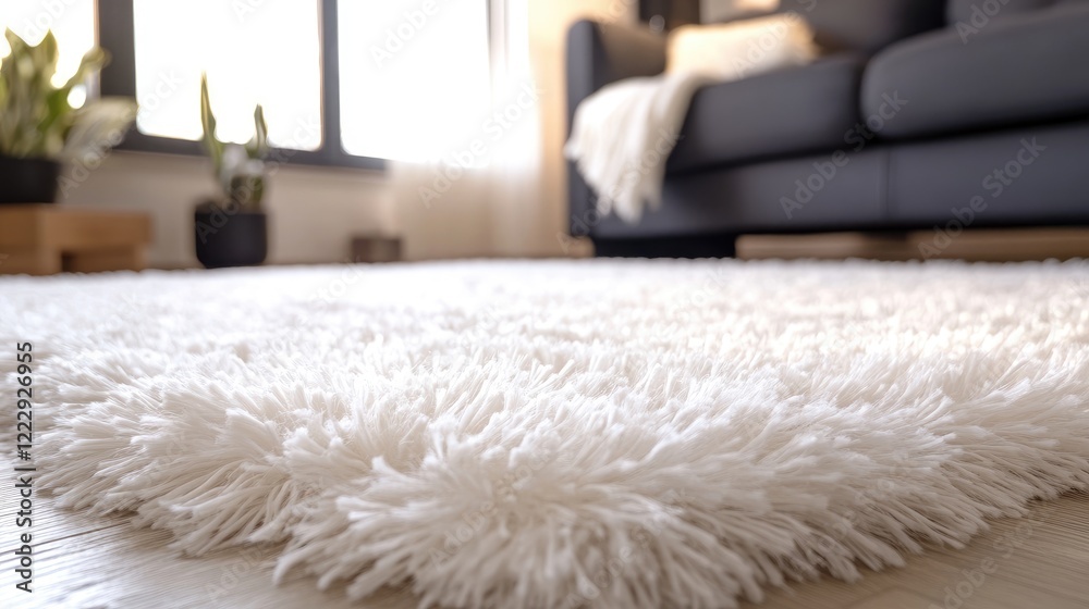 Poster fluffy white rug in a cozy living room setting with natural light and ample empty space for text or 
