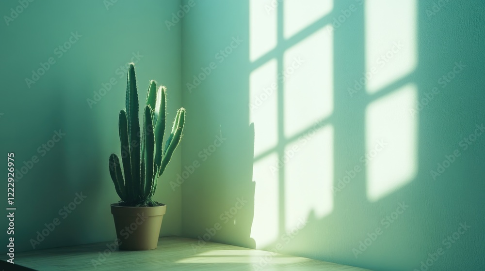 Aufkleber Cactus in sunlight by window creating shadows on a minimalist wall with ample space for text or creative designs