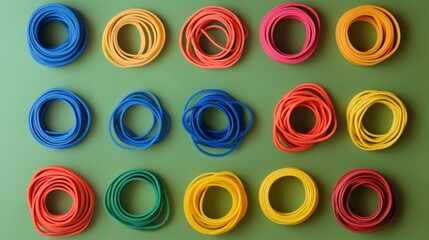 Colorful rubber bands arranged in a grid layout with ample copy space for text in a creative and vibrant design concept.