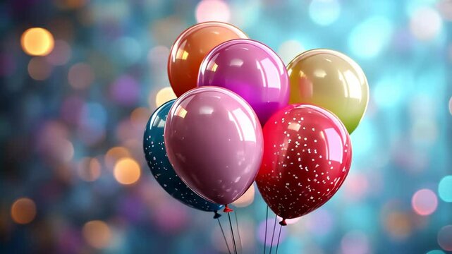 Colorful balloons floating against a shimmering bokeh background