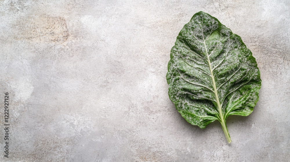 Poster Fresh green lettuce leaf on a textured grey background showcasing its crisp texture with ample copy space for text or branding.