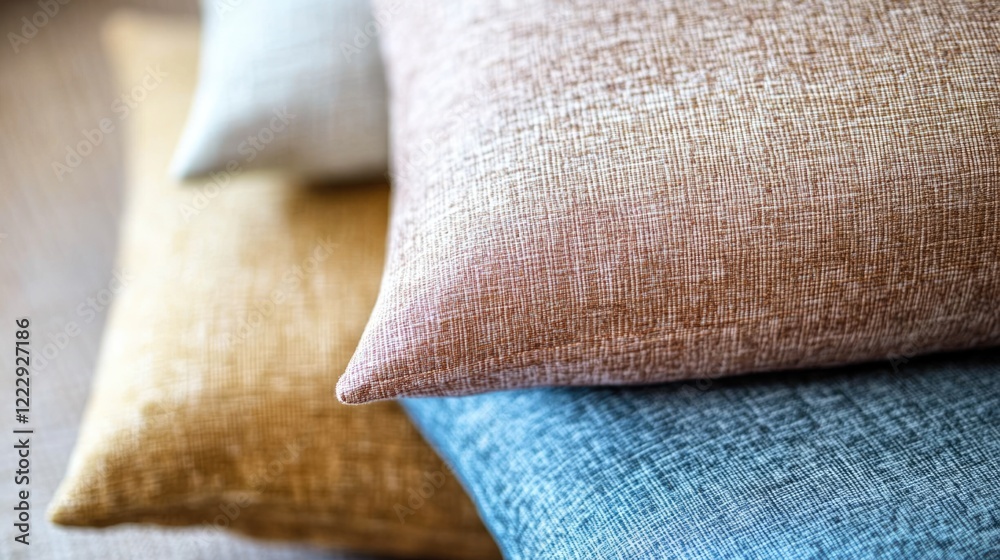 Poster Textured cushions in warm hues stacked elegantly on a bed creating a cozy home interior with ample negative space for text placement.