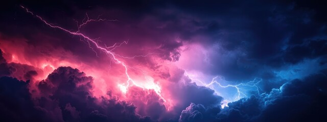 Dramatic pink lightning striking through dark clouds in the night sky with ample space for text or overlay design elements.