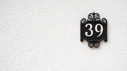 Elegant house number 39 on a textured white wall with ornate plaque design and blank space for personalization or additional text.