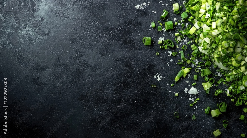 Poster freshly chopped green onions resting on a dark surface with space for text, perfect for culinary des
