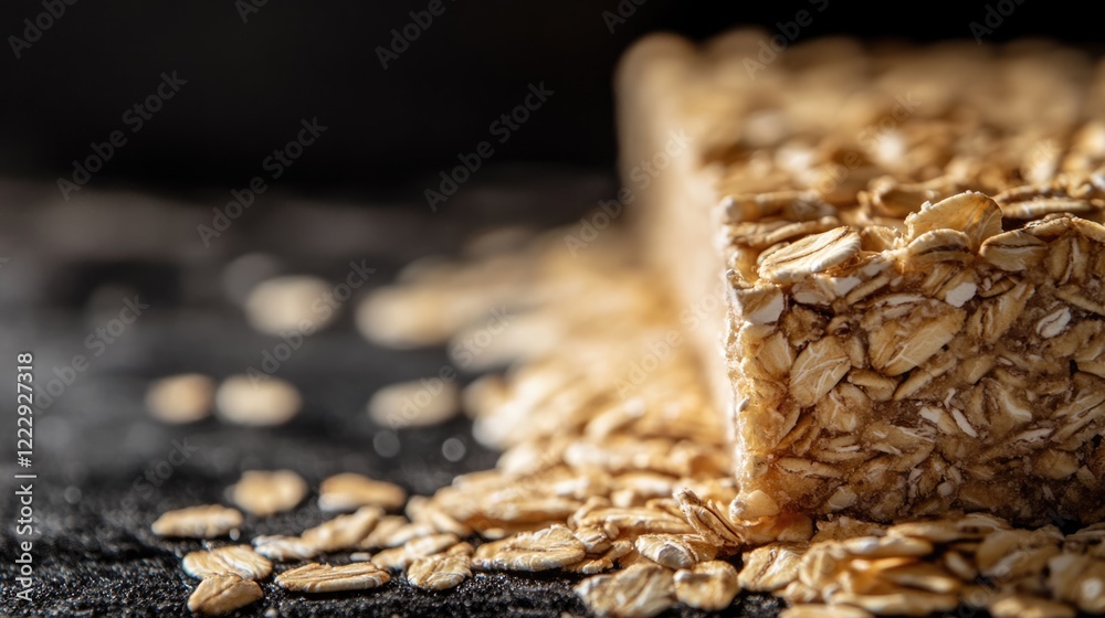Aufkleber Healthy oat granola bar close up with scattered oats on dark background and ample empty space for text or branding