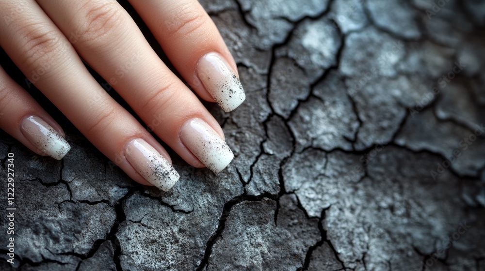 Aufkleber Close up of hand with chipped nails on cracked surface with empty space for text or branding design concepts