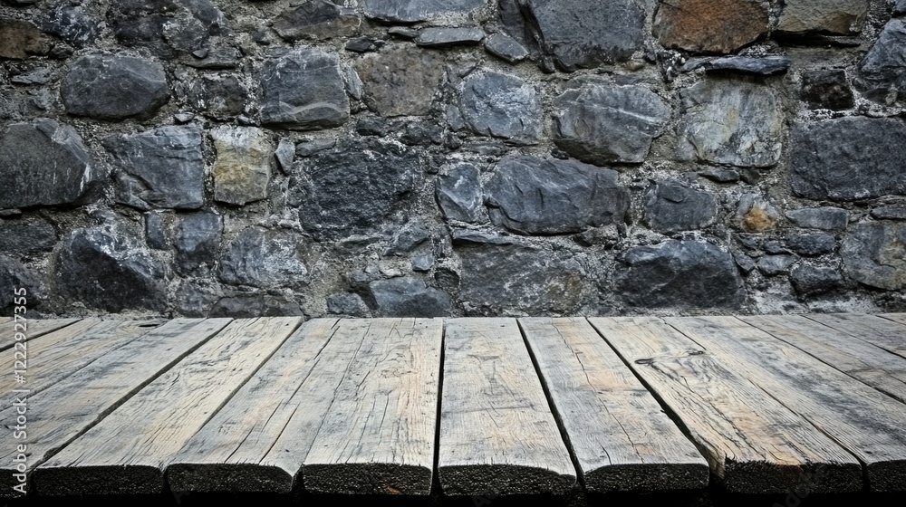 Fototapete stone wall background with wooden planks creating an empty space for text and design elements in a r