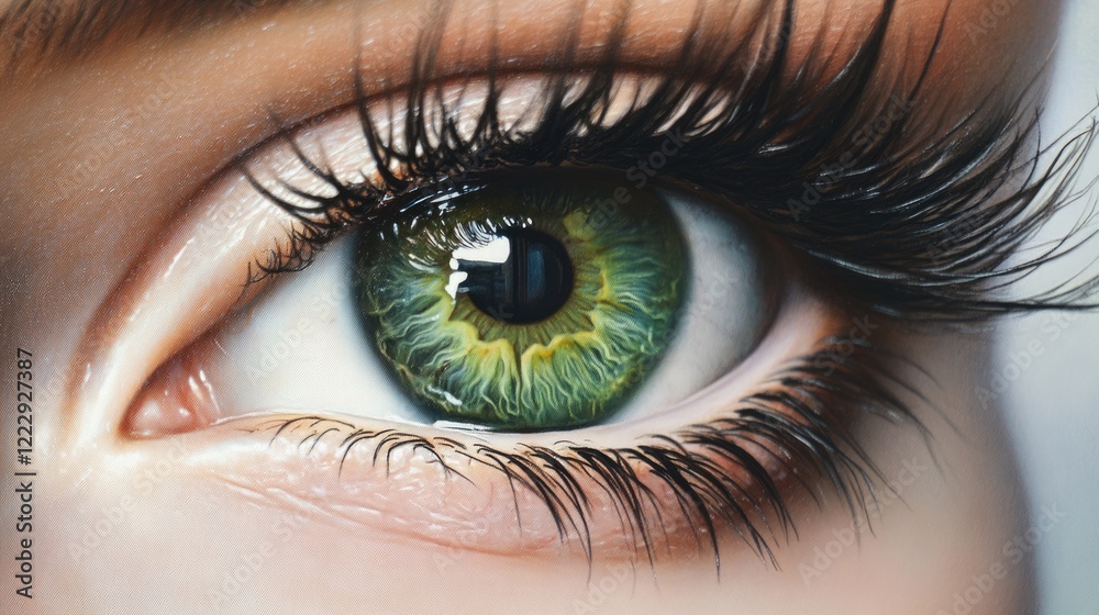 Aufkleber close up of vibrant green human eye with long eyelashes on a softly blurred background for text plac