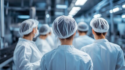 Close up of factory workers in white uniforms and hairnets with empty space for text in a production environment