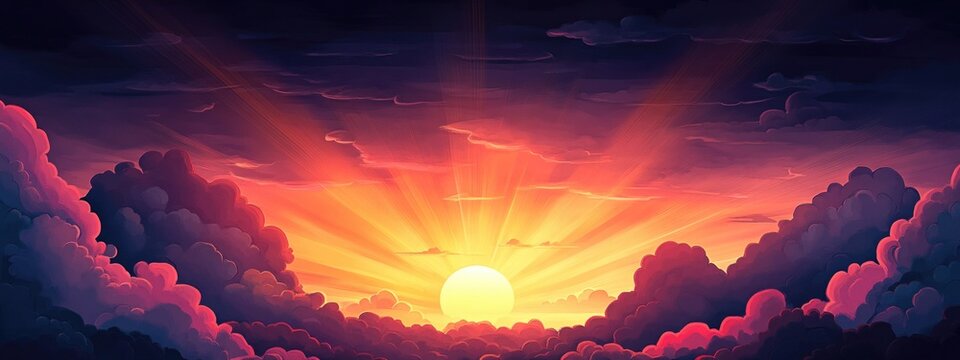 Dramatic sunset with vibrant sun rays emerging from dark clouds ideal for text overlay and inspirational backgrounds