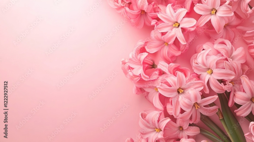 Poster Close up of vibrant pink hyacinth flowers on soft pink background with ample space for customizable text or graphic design elements