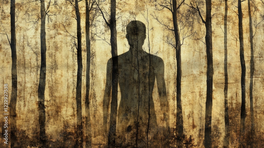 Poster Human silhouette standing behind trees in a foggy forest with ample empty space for text and dramatic natural atmosphere