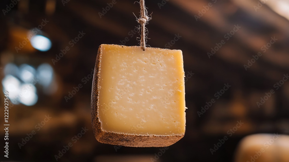 Aufkleber Close up of a rustic aged cheese hanging with natural background and empty space for text or branding in food related design