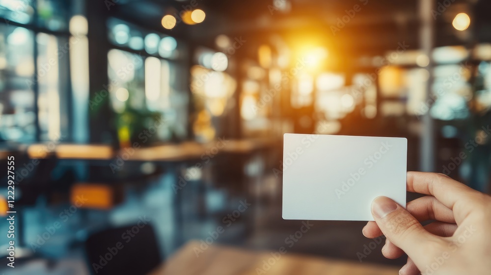 Aufkleber hand holding a blank business card in a blurred modern office setting with ample copy space for text