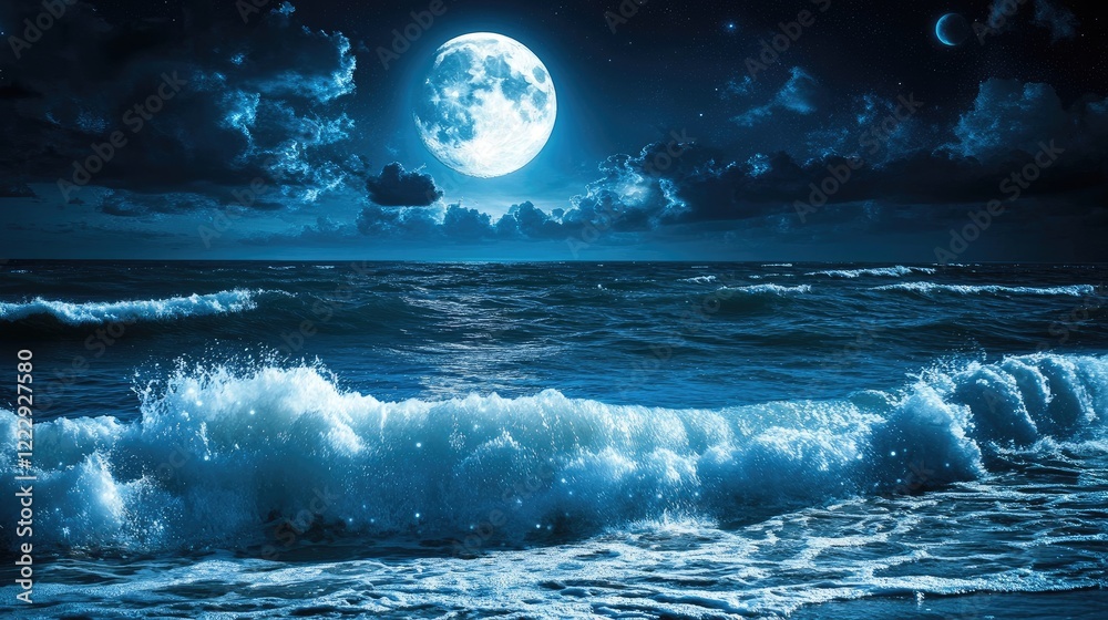Poster moonlit ocean waves at night with reflections and deep blue tones showcasing tranquility and serenit