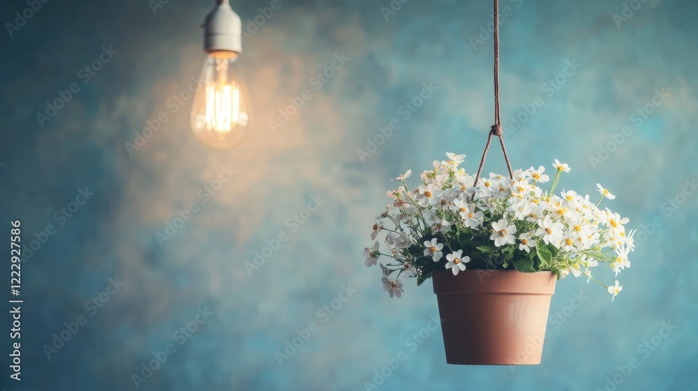 Aufkleber Close Up of Hanging Light Bulb and Flower Pot on Blue Background with Empty Space for Text and Design Elements