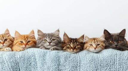Cozy group of cats relaxing on a soft blanket with ample empty space for text and creative design elements