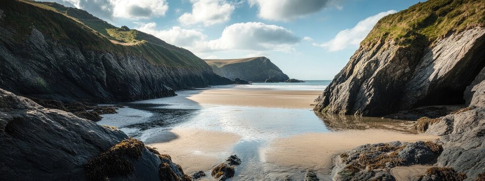 Dramatic coastal landscape at low tide showcasing rocky formations and sandy seabed with clear sky and empty space for text partition.
