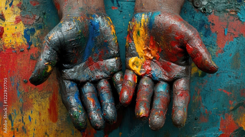 Fototapete Artistic hands covered in vibrant paint showcasing creativity with empty space for text or design elements in a colorful backdrop.