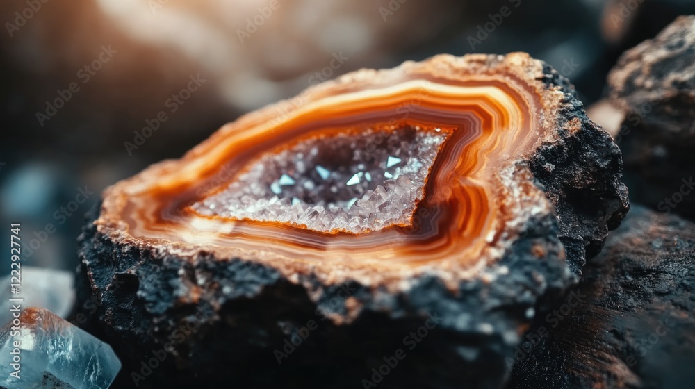 Poster close up of a beautiful agate stone showcasing intricate crystal details with natural light highligh