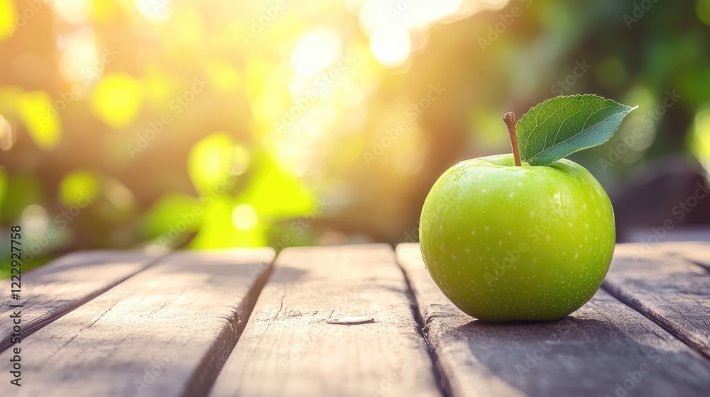 Poster Fresh green apple on a wooden table with sunlight creating a warm bokeh background and ample space for text or branding display.