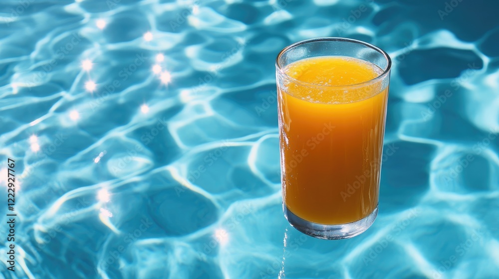 Poster close up of refreshing orange juice in a glass by a tranquil pool with clear blue water and space fo