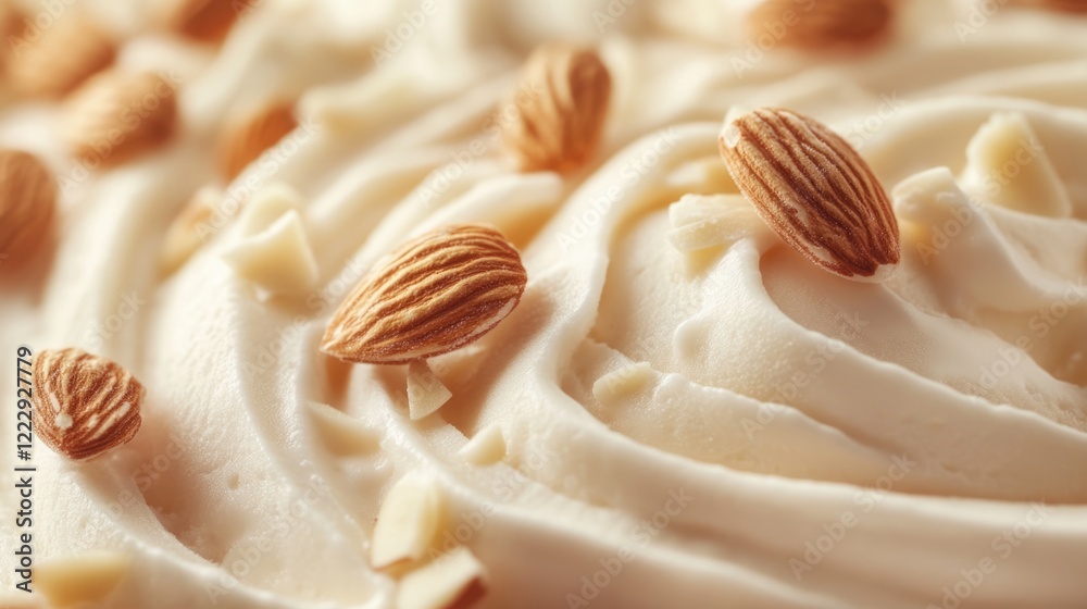 Aufkleber close up of creamy ice cream topped with almond slices on a decorative swirl with ample blank space 