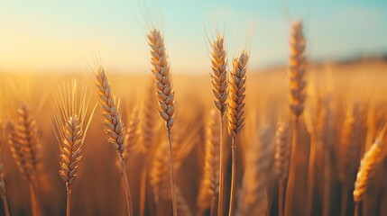 Fototapeta premium Golden wheat fields illuminated by the soft sunlight during a serene evening.