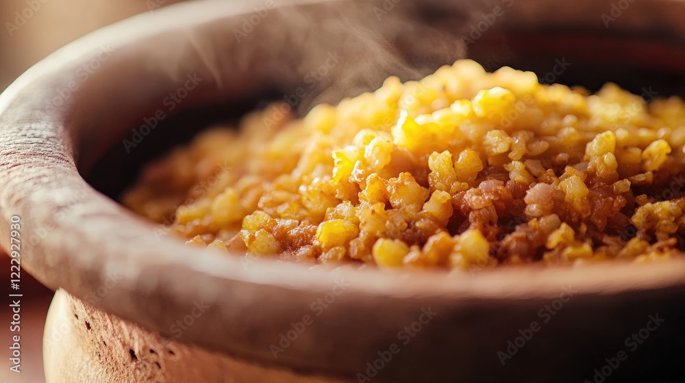 Poster close up of a traditional moroccan dish featuring cooked ingredients in a clay pot with steam and em
