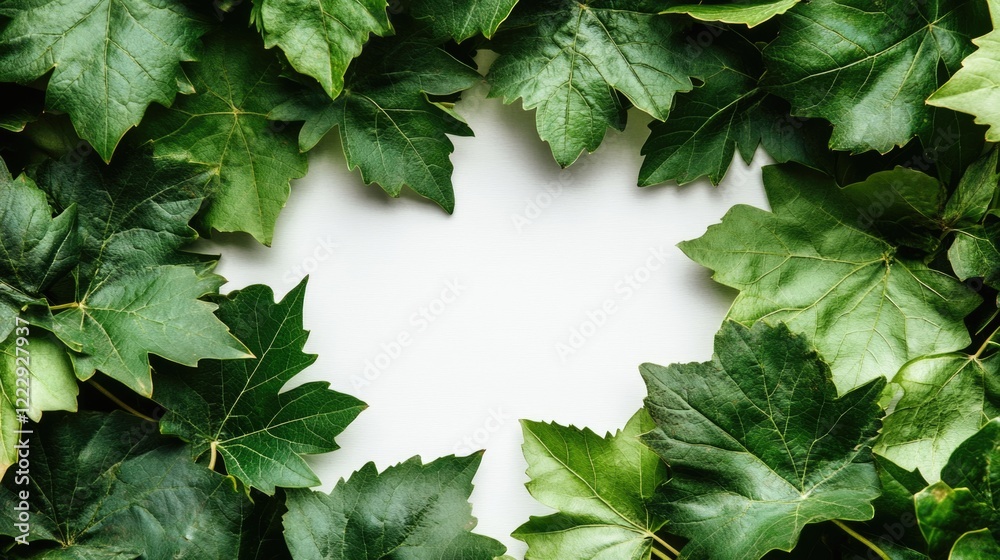 Poster healthy green grape leaves framing a blank space for text on a white background ideal for nature-the
