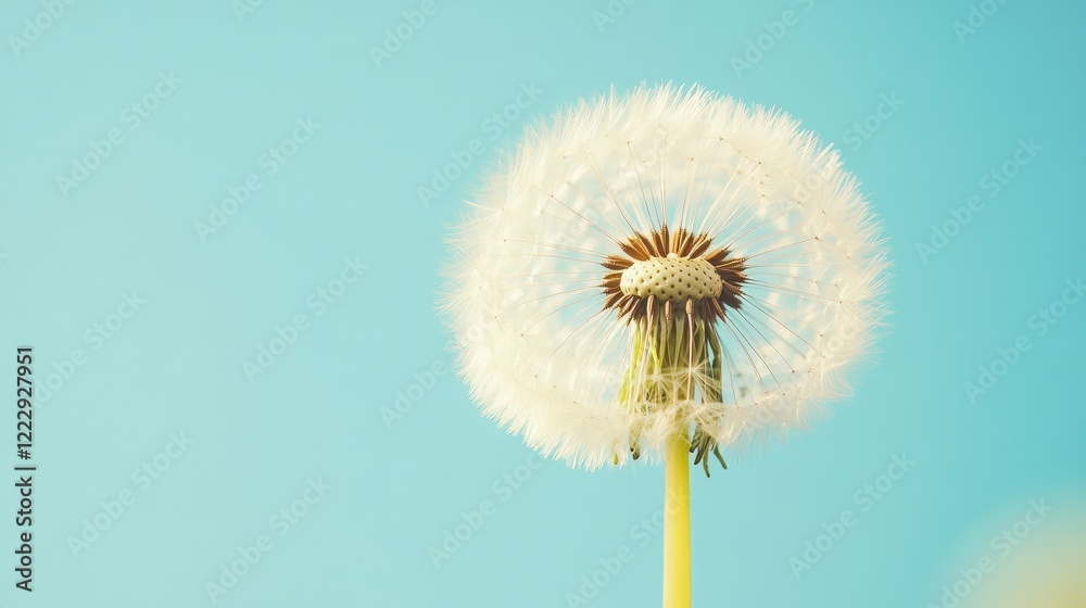 Poster Close up of a delicate dandelion puff against a bright blue sky with ample space for text or graphics in an elegant and serene setting