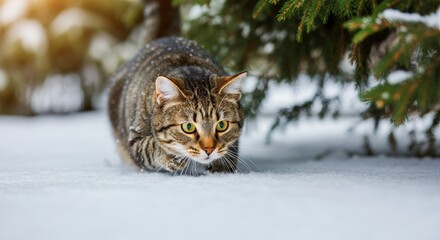 Tabby cat stealthily stalking through the snow in a winter landscape