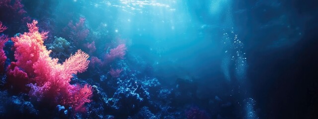 Obraz premium Vibrant coral reefs in deep blue ocean showcasing dramatic underwater scenery with ample negative space for text or branding elements