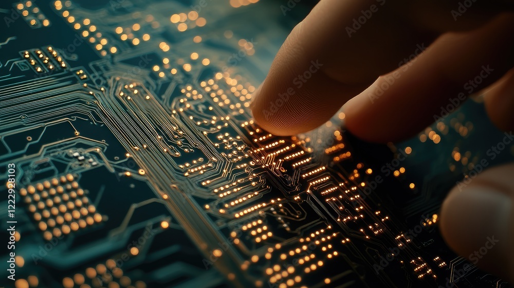 Aufkleber close up of a hand interacting with a neural network circuit board showcasing technology and innovat
