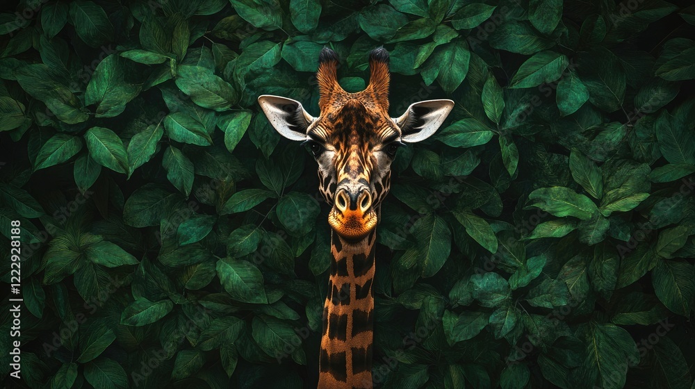 Poster Giraffe portrait with patterned neck surrounded by vibrant green foliage featuring ample space for text placement and creative design use
