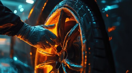 Close up of a hand applying hot wax to a car wheel in a workshop with a blurred background and empty space for text reference