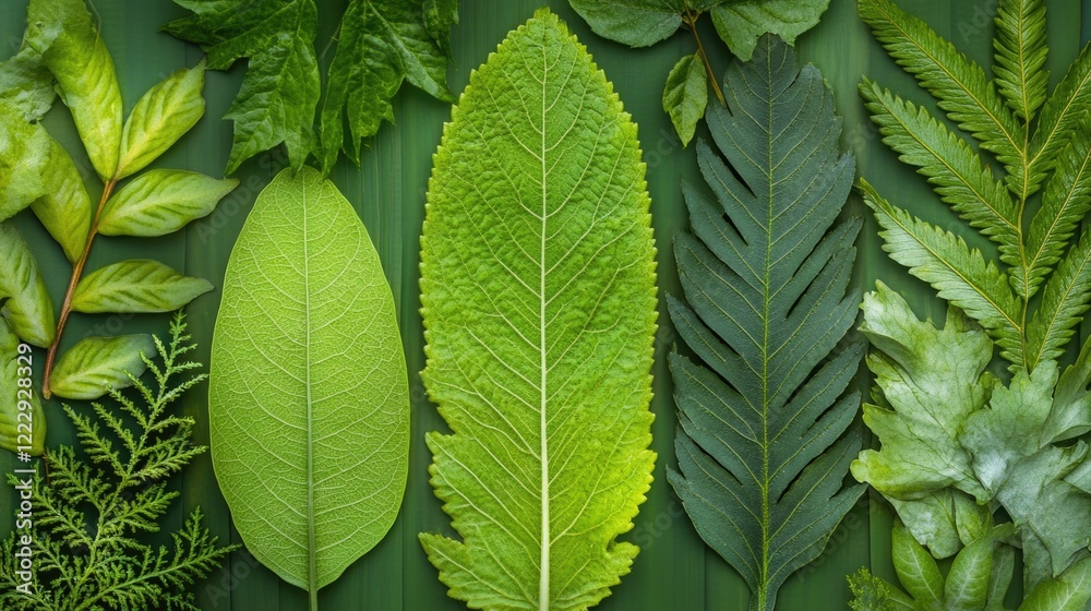 Poster Close up of assorted green leaves textures arranged on a flat surface with space for text or design elements in a natural theme