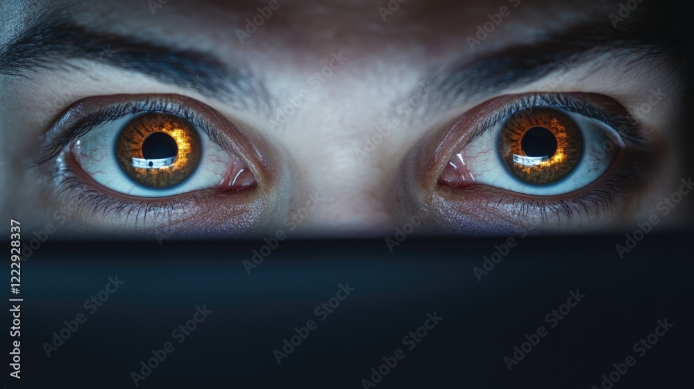Poster Close up of human eyes reflecting computer screen light creating a captivating visual with ample copy space for text or messages