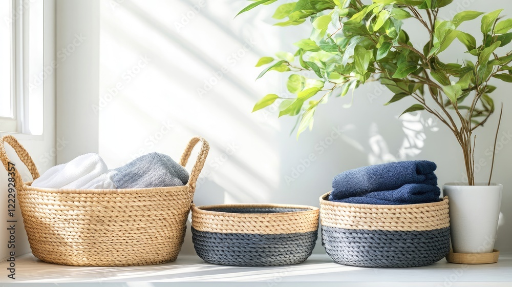 Poster stylish storage baskets in a compact laundry room with a plant and ample empty space for customizati