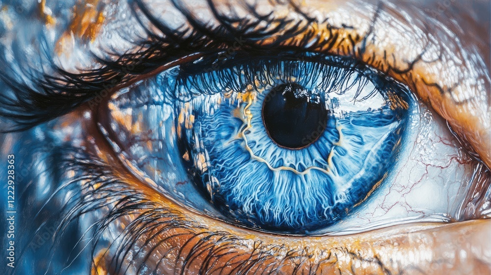 Aufkleber Detailed close-up of a mesmerizing blue eye showcasing intricate patterns and reflections against a soft backdrop for text placement