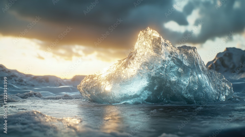 Aufkleber Sunlit partially melted iceberg on calm water with dramatic clouds in the background and ample space for text or branding