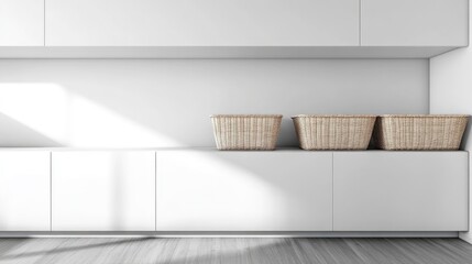Stylish compact laundry room featuring storage baskets and ample empty space for customizable text or branding.