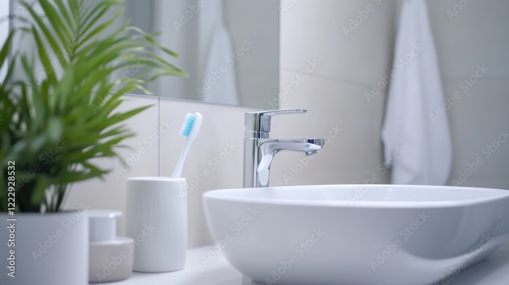 Poster Modern bathroom setting featuring a toothbrush and toothpaste with minimalist decor and ample empty space for text or branding.