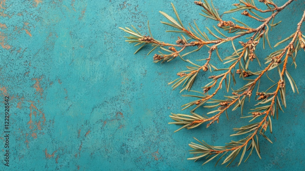 Aufkleber close up of himalayan cedar needles on a textured teal blue background with ample space for text or 