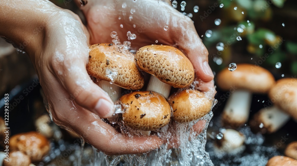 Poster Hands gently washing fresh mushrooms under running water with droplets creating a dynamic scene and ample space for text or graphics