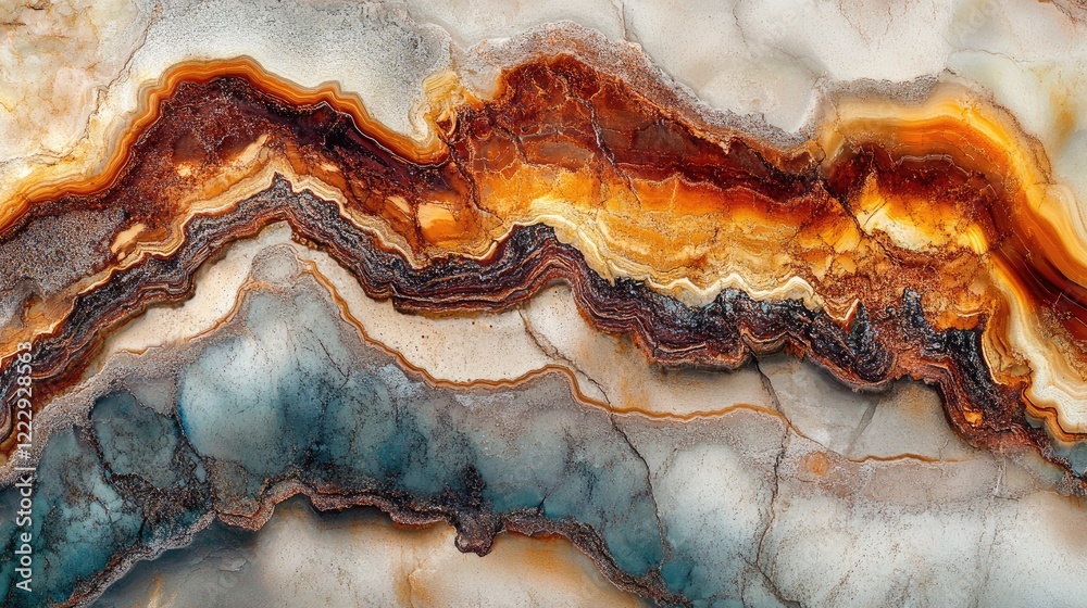 Poster detailed close-up of a natural colorful stone surface with layered patterns and textures ideal for d