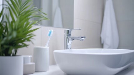 Fototapeta premium Modern bathroom setting featuring a toothbrush and toothpaste with minimalist decor and ample empty space for text or branding.