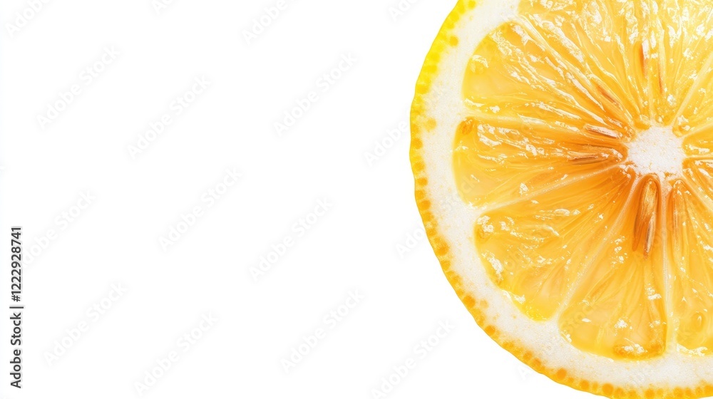 Poster Fresh lemon slice arranged on a white background showcasing vibrant color and texture with ample space for text or graphic overlay.